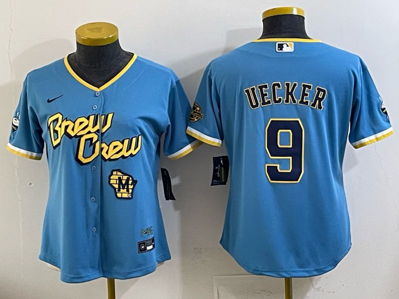 Women 2025 Milwaukee Brewers #9 Uecker Light blue City Edition Nike MLB Jersey 03